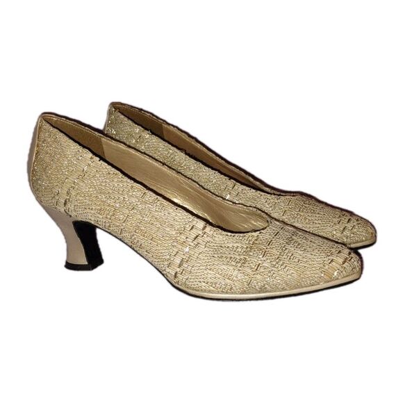 Vintage Stuart Weitzman Shoes Size 6 B Textured Hemp Gold Accent - Picture 1 of 7
